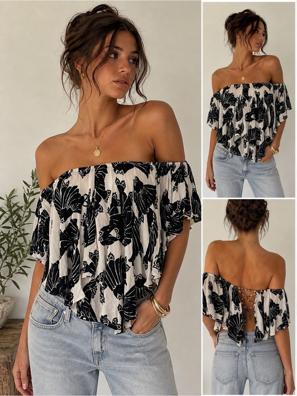 Free People Off Shoulder Floral Top Boho Tie Back Flowy S